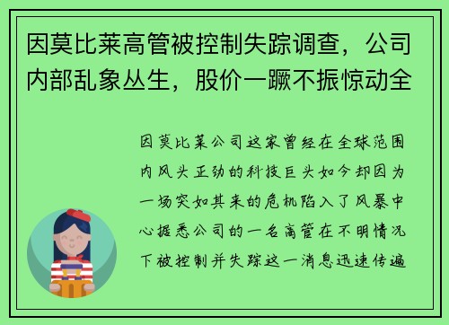 因莫比莱高管被控制失踪调查，公司内部乱象丛生，股价一蹶不振惊动全球股市！