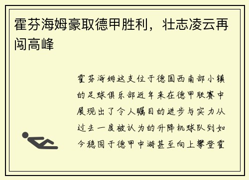 霍芬海姆豪取德甲胜利，壮志凌云再闯高峰
