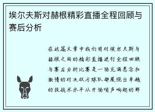 埃尔夫斯对赫根精彩直播全程回顾与赛后分析